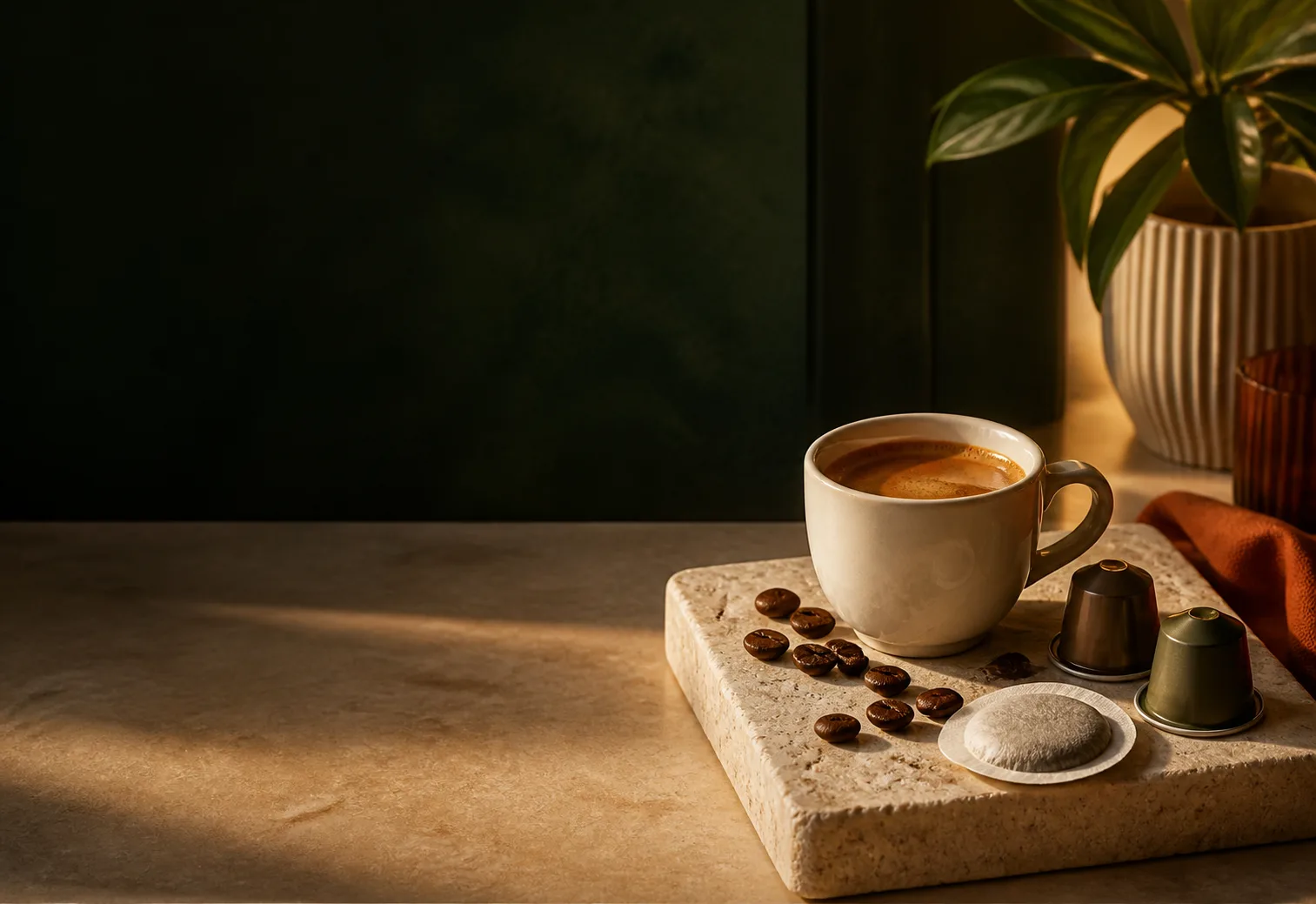 Tazza di espresso con capsule e cialda